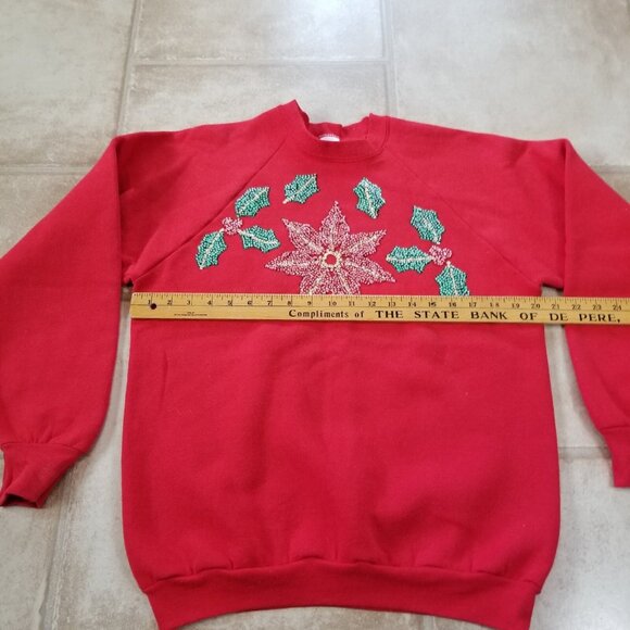 ✅Vintage Fruit Of The Loom Christmas Ugly Sweatshirt W/Sequined Pointsettia Sz L - Picture 6 of 14